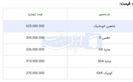 قیمت نهایی خودرو شاهین اتوماتیک و اطلس اعلام شد