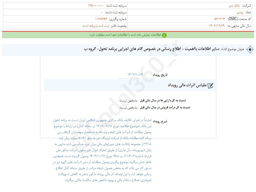 اطلاعیه بانک دی درباره وصول مطالبات/ برنامه تحول بانک در حال پیاده سازی است