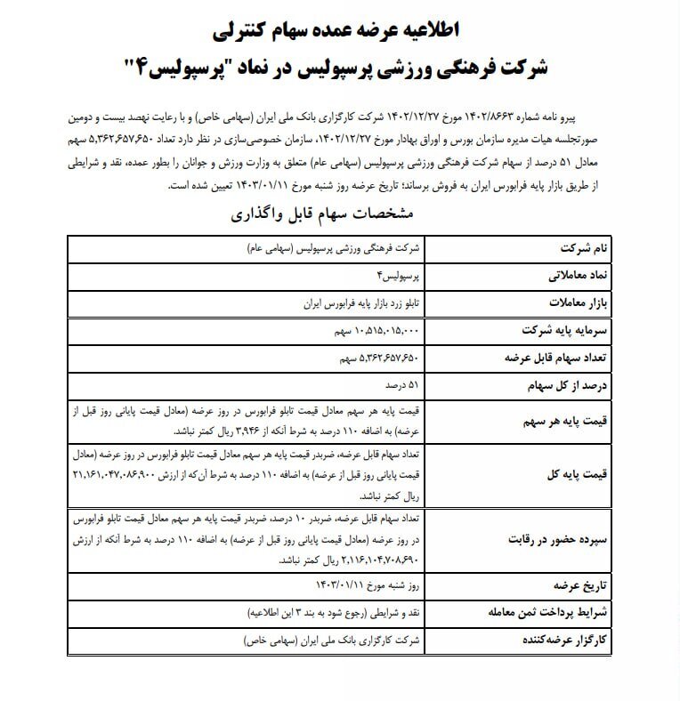 باشگاه پرسپولیس به بانک ملی واگذار شد