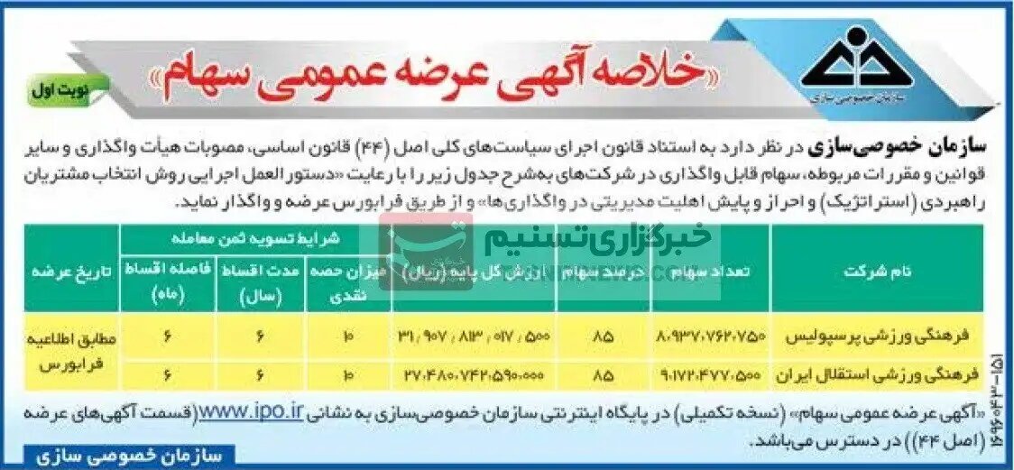 آگهی مزایده پرسپولیس و استقلال رسماً منتشر شد
