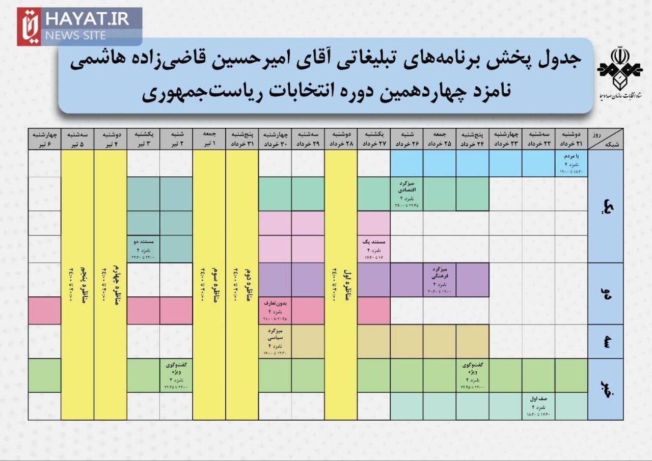 جدول پخش برنامههای تبلیغاتی  سید امیرحسین قاضیزاده هاشمی از صدا و سیما