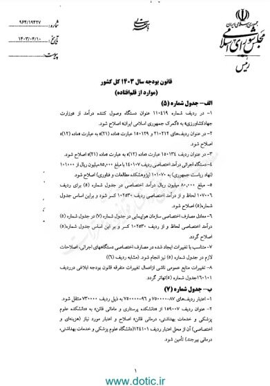 ابلاغ موارد از قلم افتاده جداول قانون بودجه سال ۱۴۰۳ برای اجرا