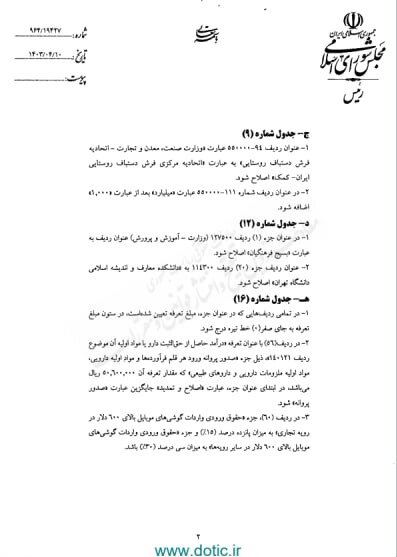 ابلاغ موارد از قلم افتاده جداول قانون بودجه سال ۱۴۰۳ برای اجرا