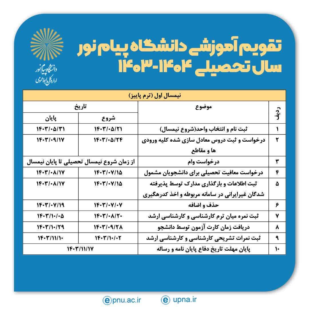 تقویم آموزشی دانشگاه پیام نور اعلام شد + جدول