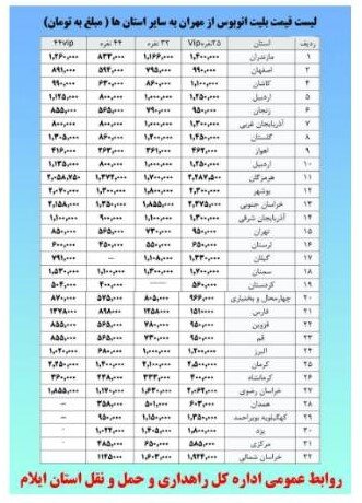 قیمت بلیت اتوبوس از مهران به سایر استان‌ها اعلام شد + لیست قیمت