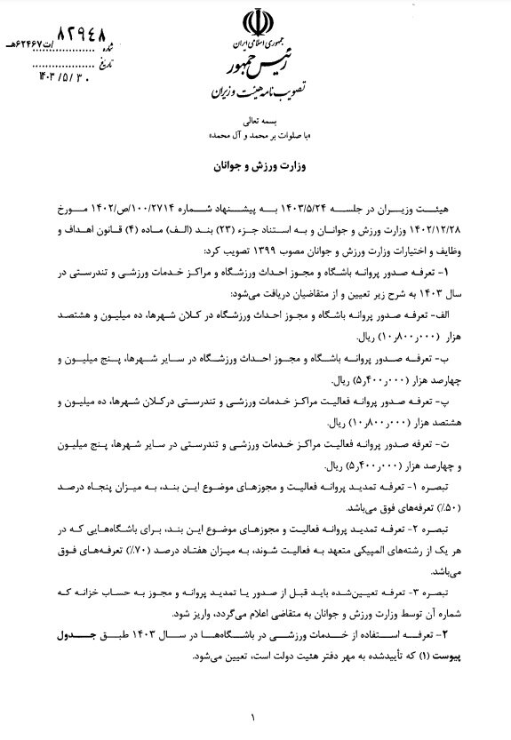 ابلاغ تصویبنامه تعیین تعرفه صدور پروانه باشگاه + تصویر